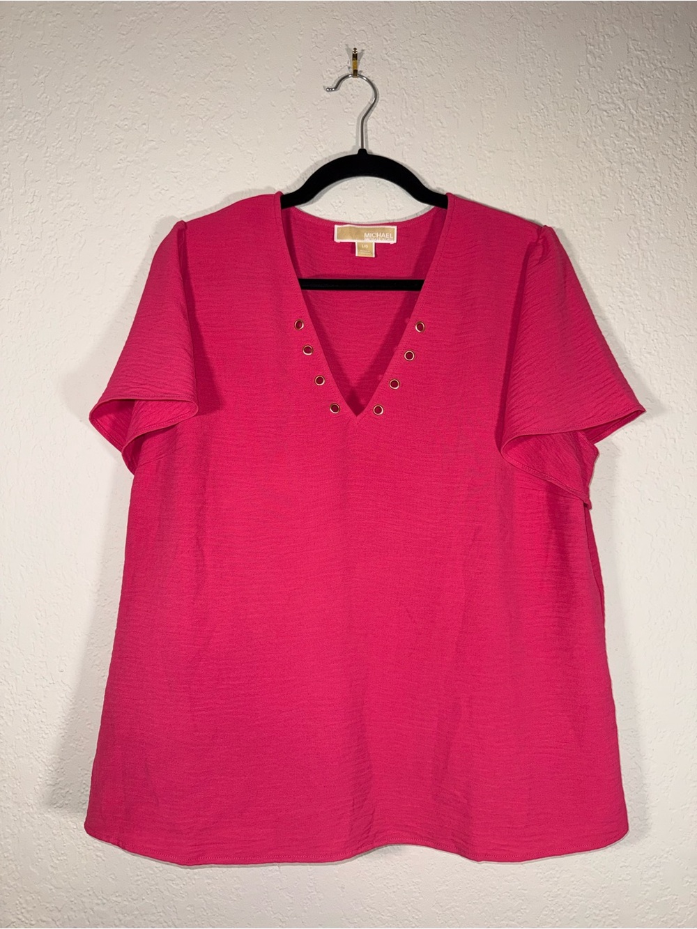 Michael Kors Hot Pink V-Neck Eyelet Flutter Sleeve Top Large